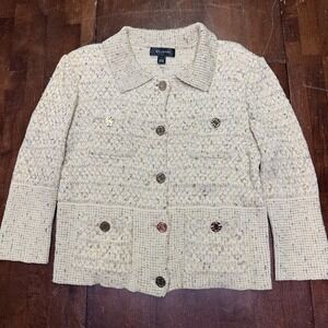 St. John Knit Sweater Jacket Sz 10 Cream Boucle Gold Logo Button Textured Blazer
